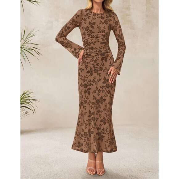 Zesica Women's Brown Yellow Ruched Mesh Long Sleeve Floral Bodycon Dress - Picture 3 of 5